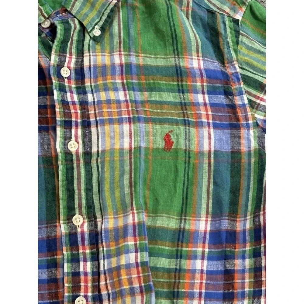 Polo Ralph Lauren Shirt short-sleeve green plaid linen button-down Mens L